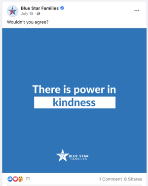 Blue background with white text that reads, 'There is power in kindness,' and a logo at the bottom for Blue Star Families.