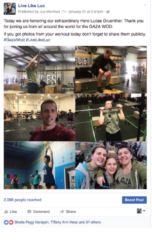A collage of photos from a workout session, showing a woman lifting weights, a man performing a squat, a person doing a pull-up, and a group selfie with the hero Lucas Gruenther at the gym.