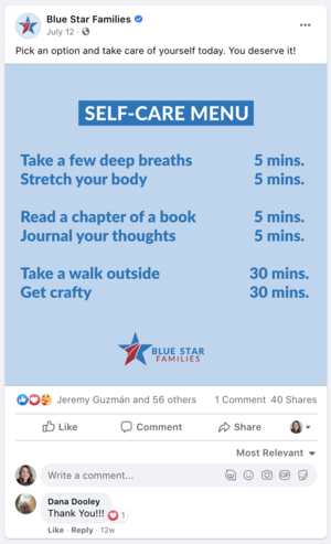 Blue Star Families' self-care menu listing activities like deep breaths, stretching, reading, journaling, walking outside, and getting crafty, with recommended times.
