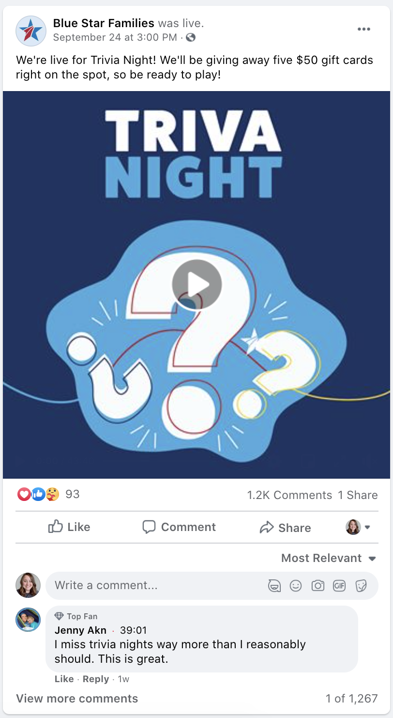 Promotional image for Trivia Night event, featuring the words 'TRIVIA NIGHT' on a blue background with question mark graphics and a play button overlay.