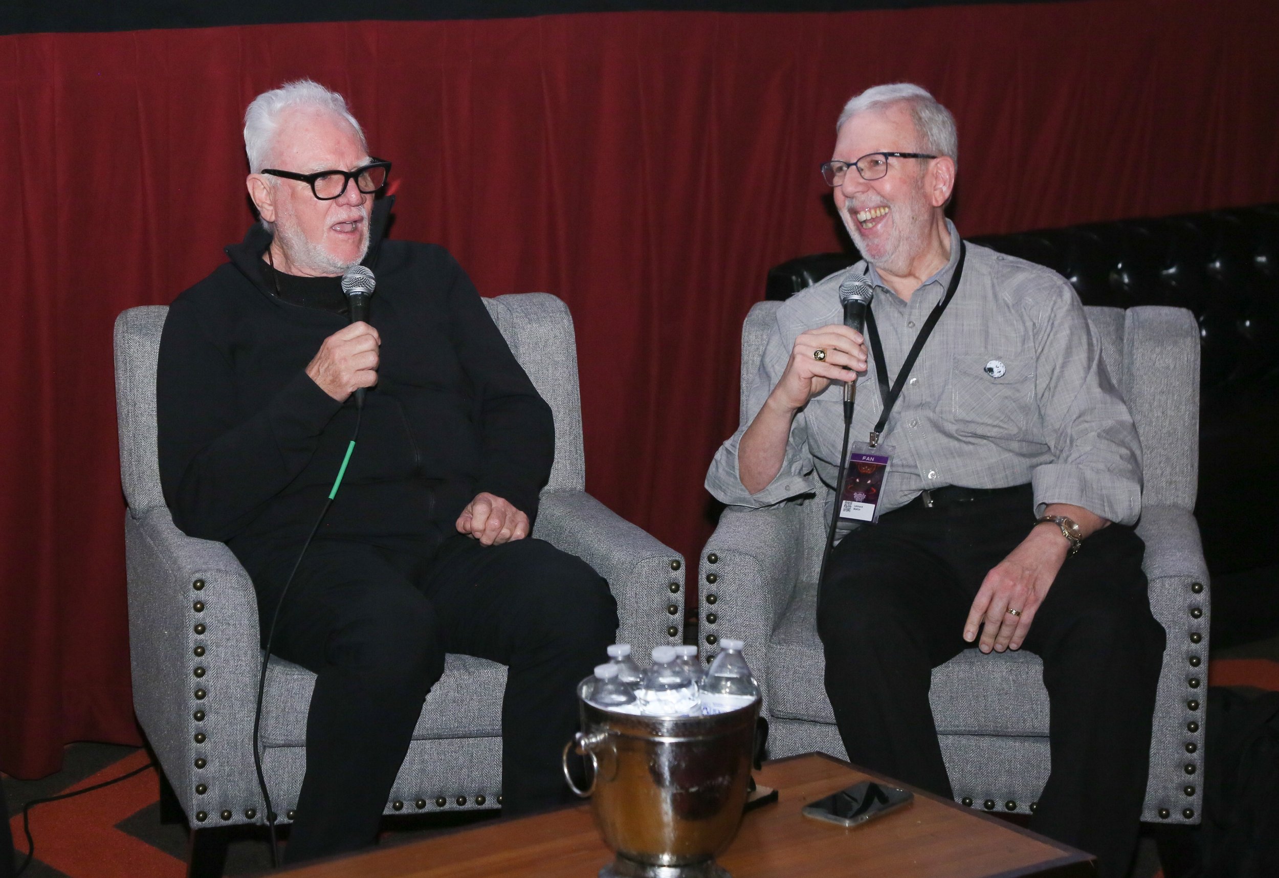  Maltin On Movies: Leonard and Jessie speak with Malcolm McDowell. Courtesy of Fantastic Fest, Photo: Jack Plunkett 
