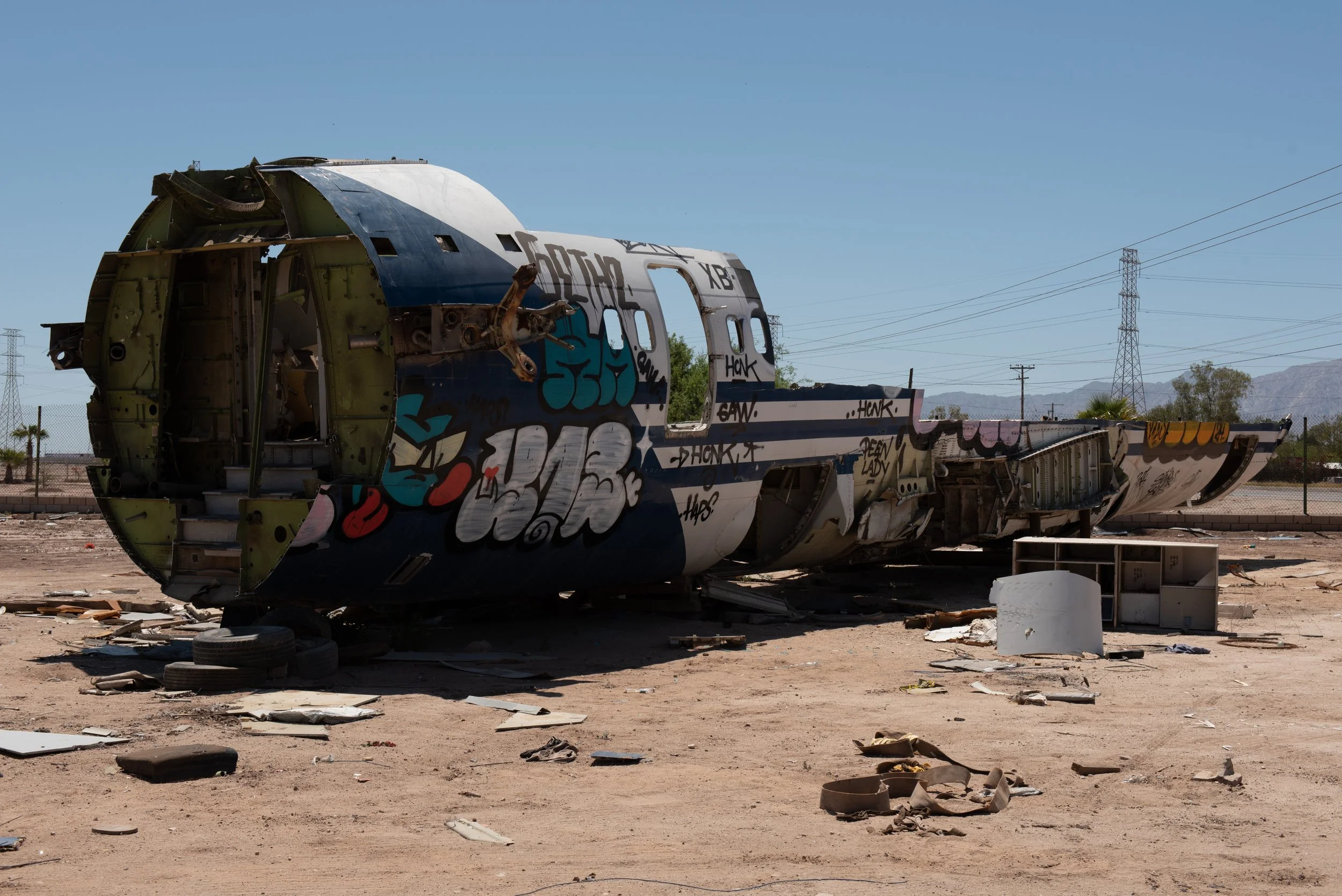 The remains of an abandoned airplane on the side of Highway 5 in Mexicali