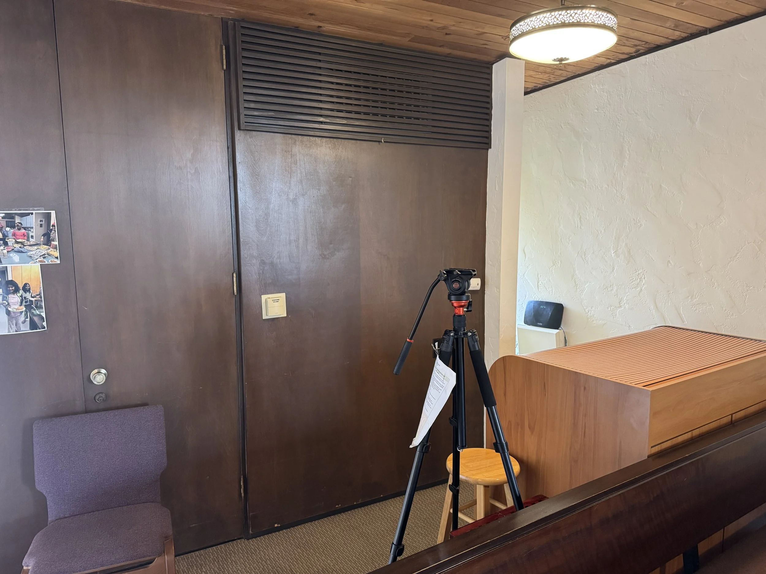 In a sanctuary this small, tripods are a tripping hazard. One goal was to remove tripods from the sanctuary.

We did that by wall-mounting PTZ cameras.