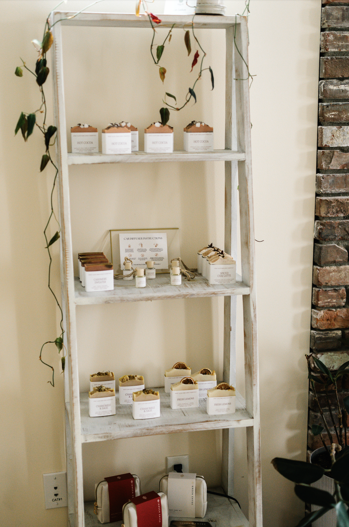 A white wooden shelf displaying various small packaged products, such as hot cocoa, chai latte, and lemon products, with a decorative ivy plant hanging on the side.