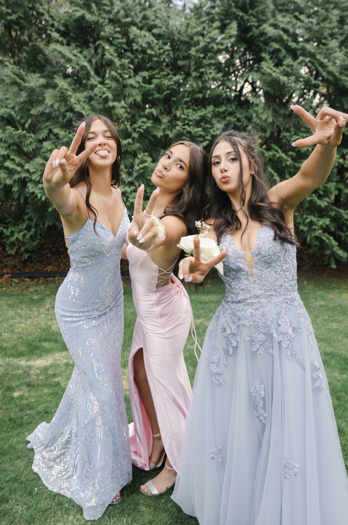 Three young women in elegant dresses making playful gestures and faces outdoors on a grassy area with trees in the background.
