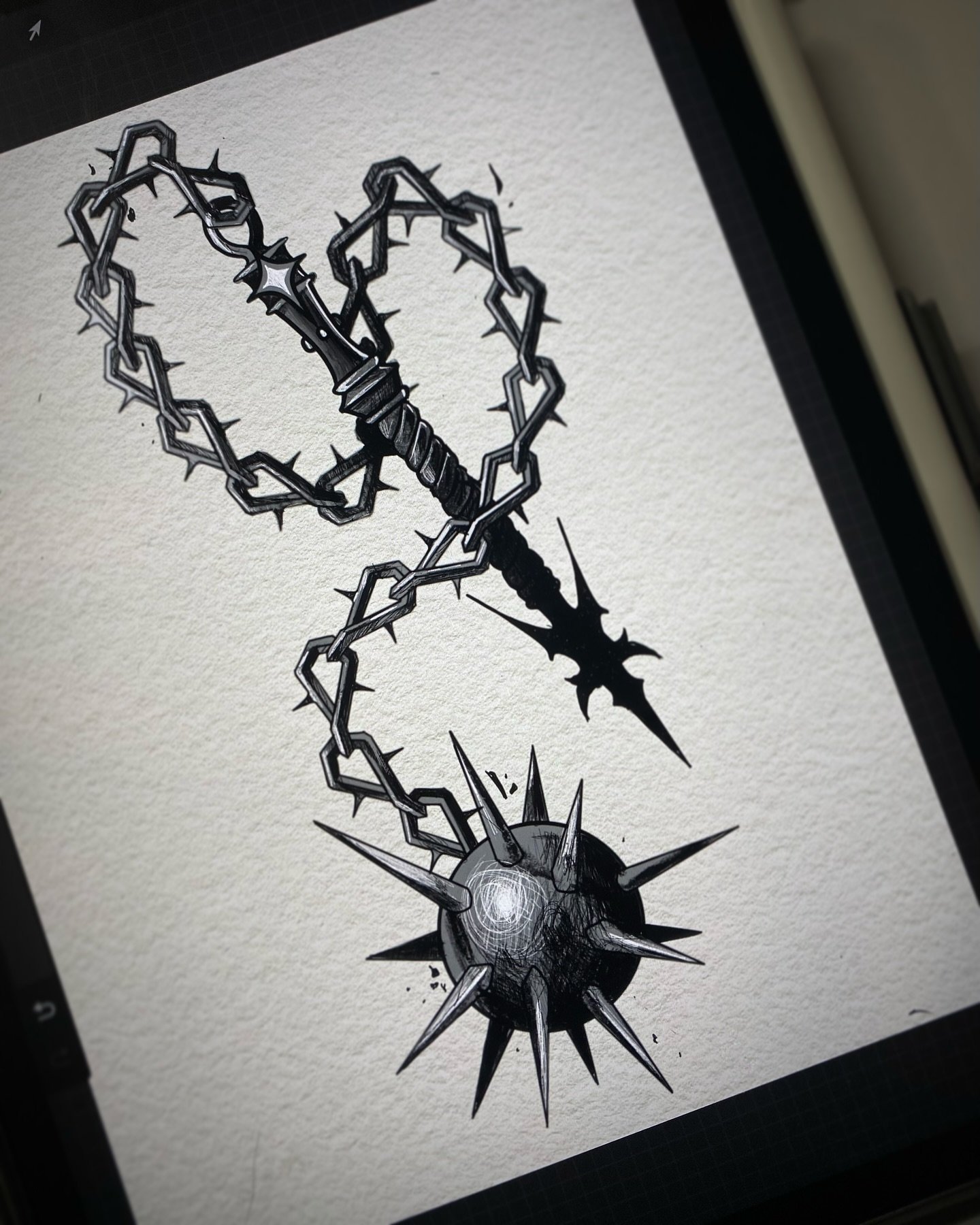 ⛓️&zwj;💥 available ⛓️&zwj;💥
.
would love to do this design big ☺️ 
DM me or email tattoosbykingkalypso@gmail.com to book!
.
#kalypso
.
.
.
#predrawn #flail #flailtattoo #flashtattoo #tattoo #weapontattoo #denvertattoo #denvertattooartist #coloradot
