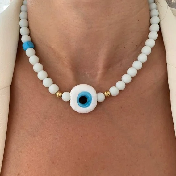 Evil Eye Beaded Necklace, White Evil 