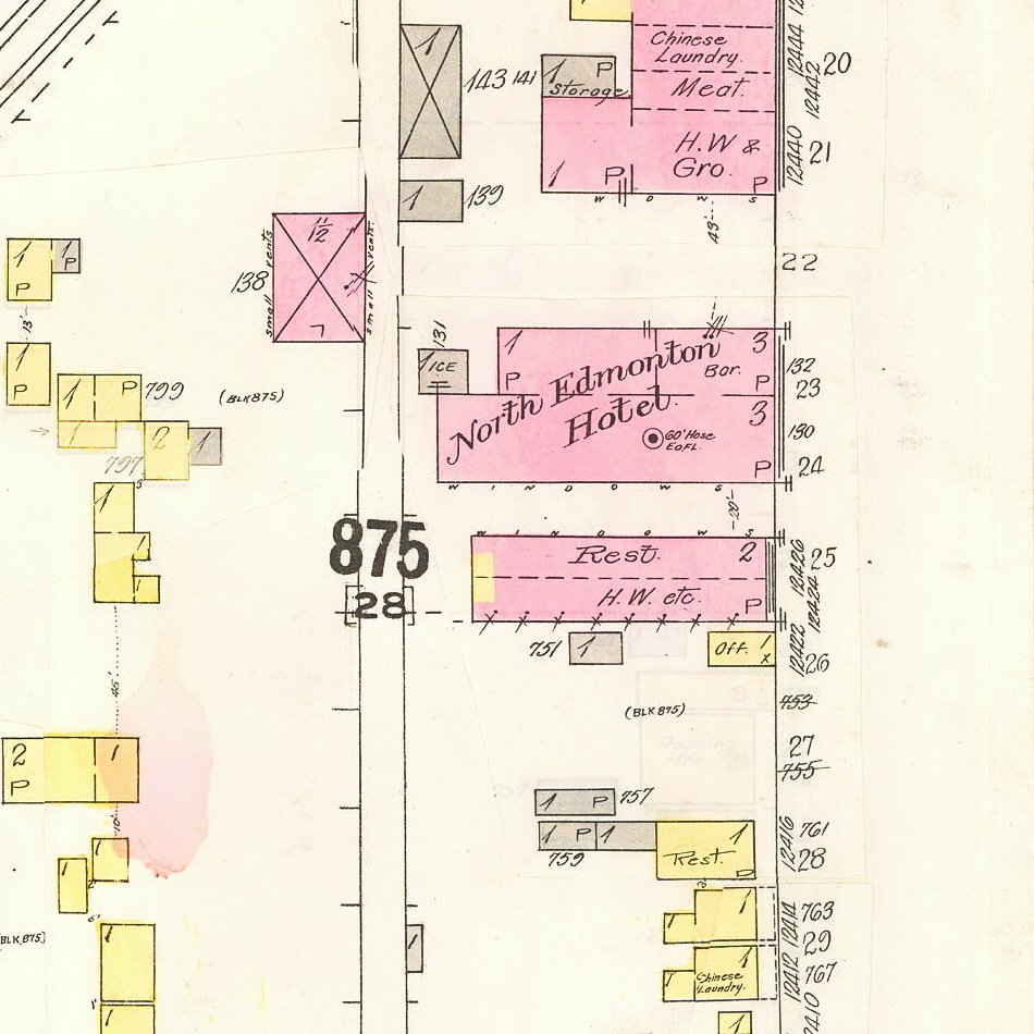  A 1914 fire insurance map showing the Martel Block ( Rest. / H.W. etc. ) at centre. The shared alley between Fortunat’s building and Joseph Martel’s North Edmonton Hotel to the north is clearly illustrated here.&nbsp;   City of Edmonton Archives No.