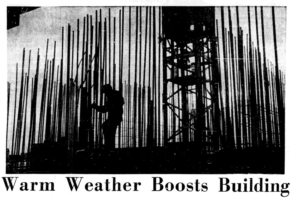 A silhouetted worker inspecting rebar during an unusually warm January in 1965.   Edmonton Journal, January 18th, 1965.  