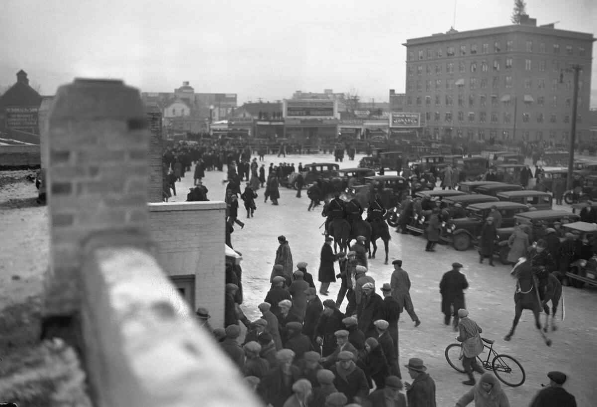  Mounted Police swept through the crowds. Note the  Bulletin  newsboy, at bottom-right, nearly being trampled.   Glenbow Archives Photo No. NC-6-13014D  
