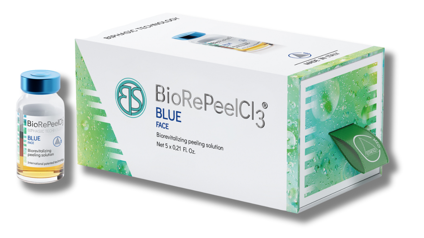 A bottle of BioRePeelCl3 blue face biorevitalizing peeling solution next to its packaging box, which displays the product name and description, with a green medical cotton pad nearby.