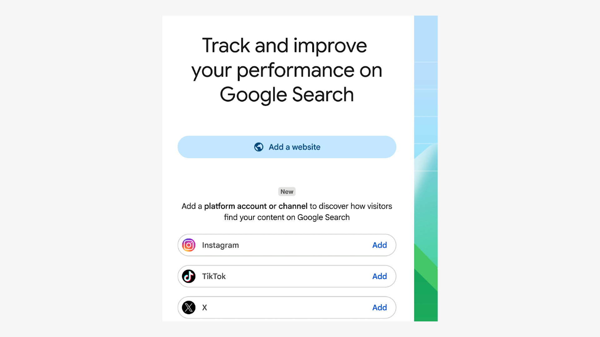 Google Search Console interface prompting users to add Instagram, TikTok, and X accounts to track search performance.