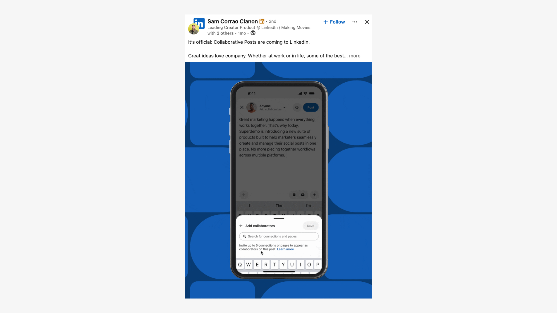 LinkedIn mobile screen showing the new collaborative posts feature, letting users invite up to five connections as post collaborators.