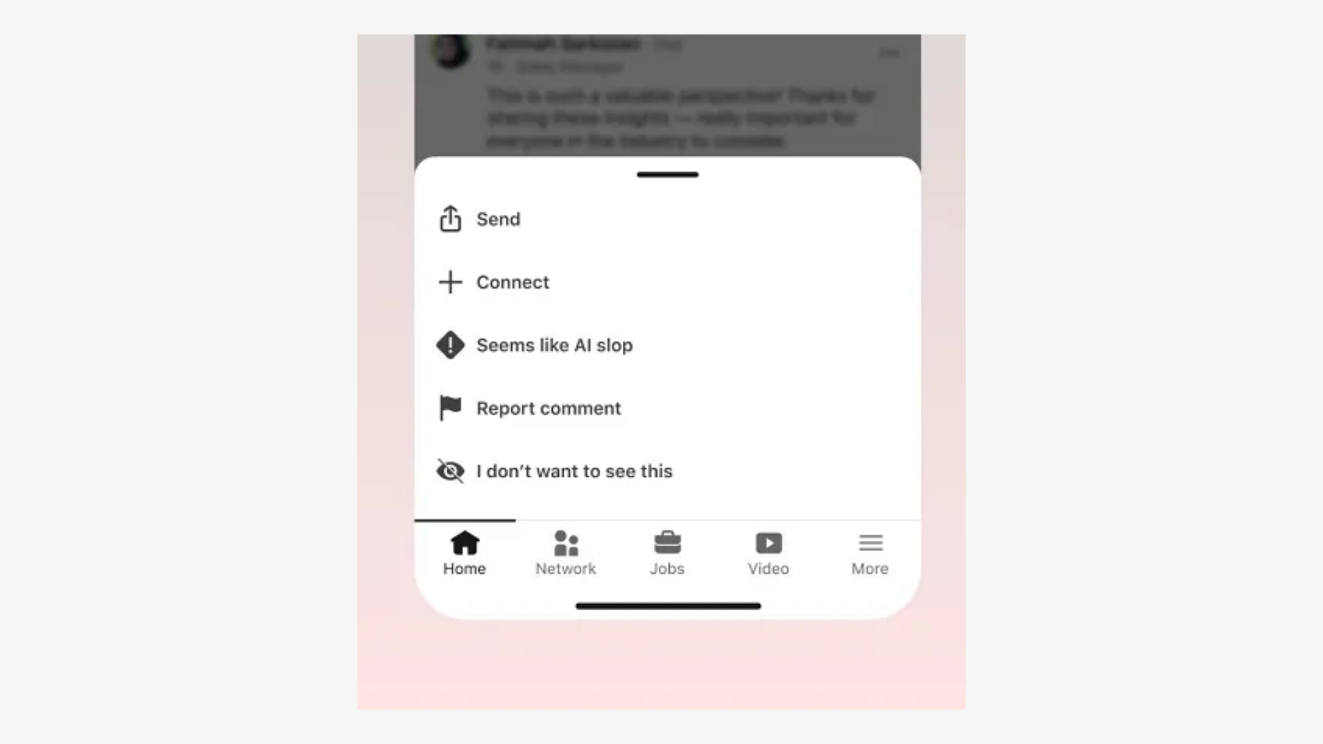 LinkedIn comment menu showing the new "Seems like AI slop" reporting option alongside Connect, Send, and Report comment actions.