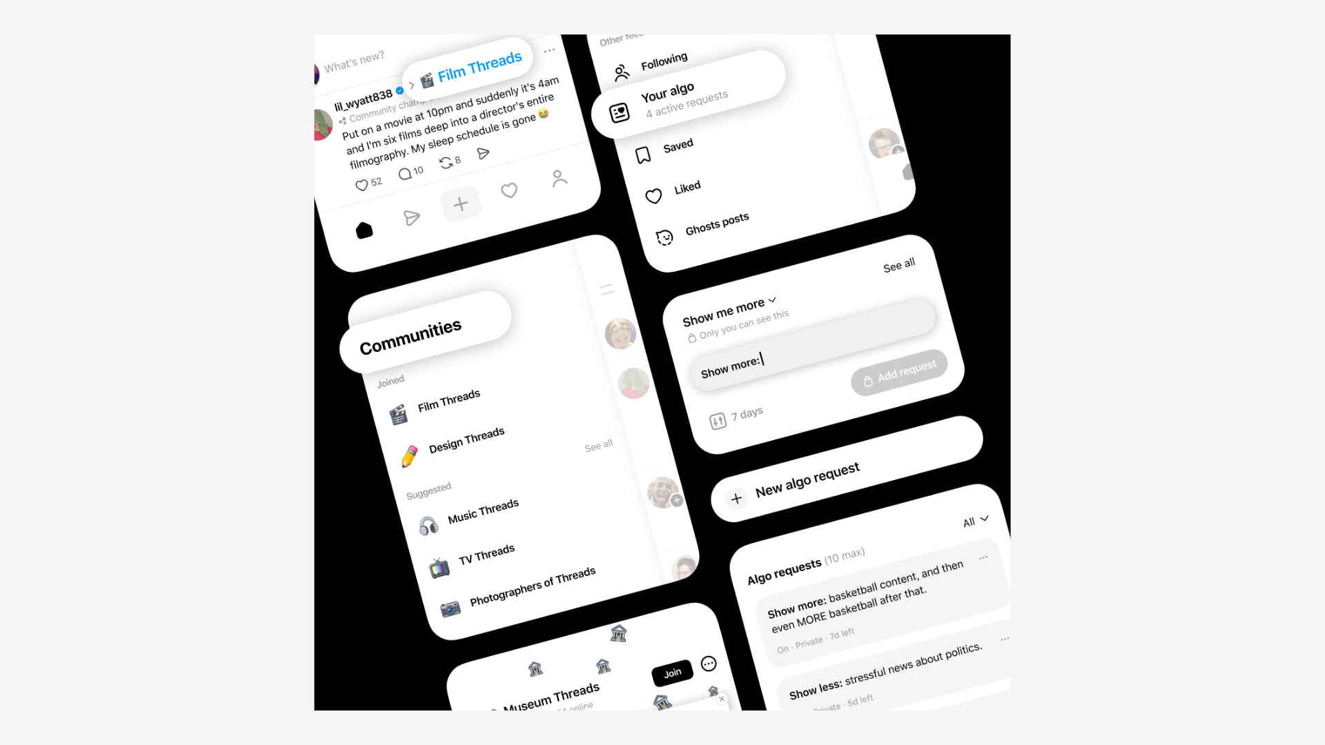 Overlapping screenshots of the Threads app showing a Communities menu, an algorithm feed request tool, and a post with reply and repost counts.