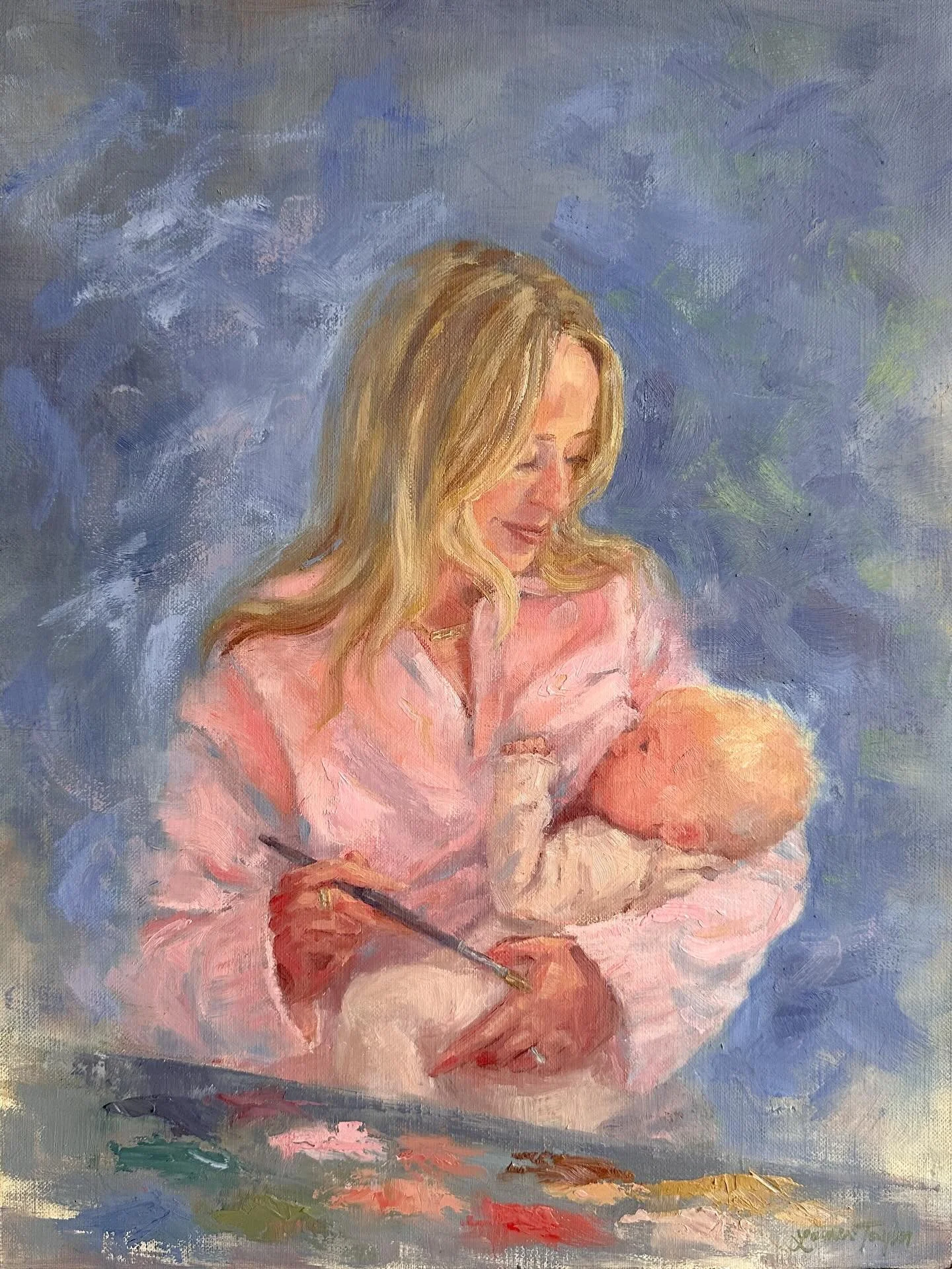 I created this painting in November 2024 for a self portrait prize. The prompt was to create a self portrait that captures a time of reflection in your artistic career. I wanted to capture my journey in motherhood.. balancing my art practice as well 