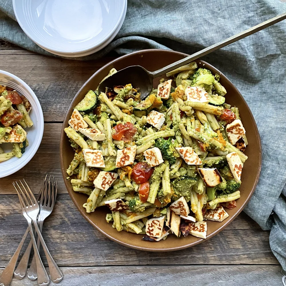 roast vegetable pesto pasta with grilled haloumi — what's prue cooking