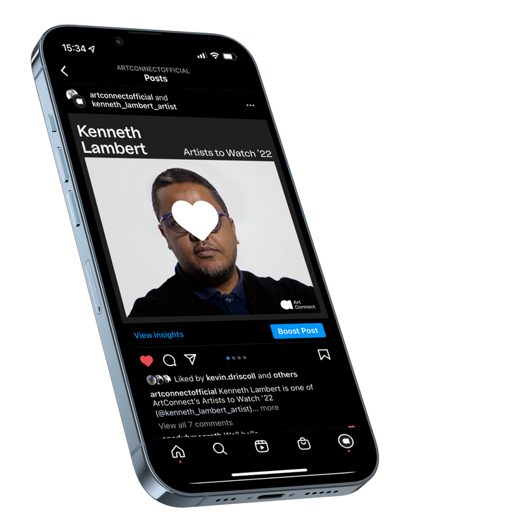 Instagram post featuring a portrait of Kenneth Lambert with a white heart icon over his face, promoting ArtConnect's Artists to Watch '22.