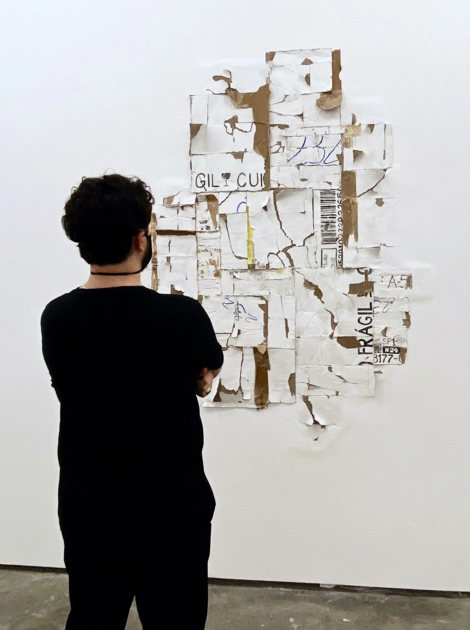 Watercolor and tape over cardboard box fragments covered by and mounted with acrylic putty