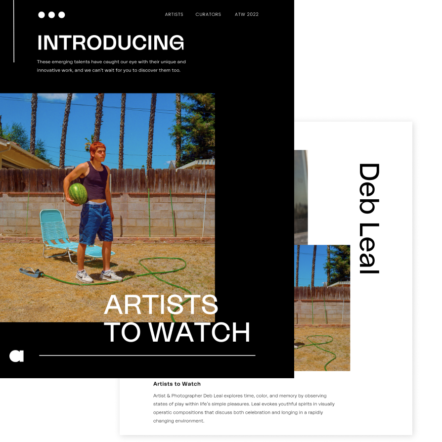 A person with short red hair wearing a tank top and shorts standing in a backyard holding a watermelon. There are outdoor chairs, a garden hose, and a wooden fence with tall trees behind it. The image is overlaid with a digital graphic design introducing an artist exhibit.