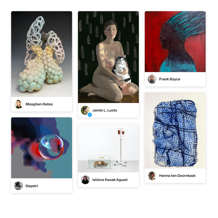 A collage of seven images including a ceramic sculpture, a woman sitting with a cat, a silhouette of a woman with blue hair, abstract digital art, an infusion setup with a dog, a wrapped blue fabric, and an abstract red and blue artwork.