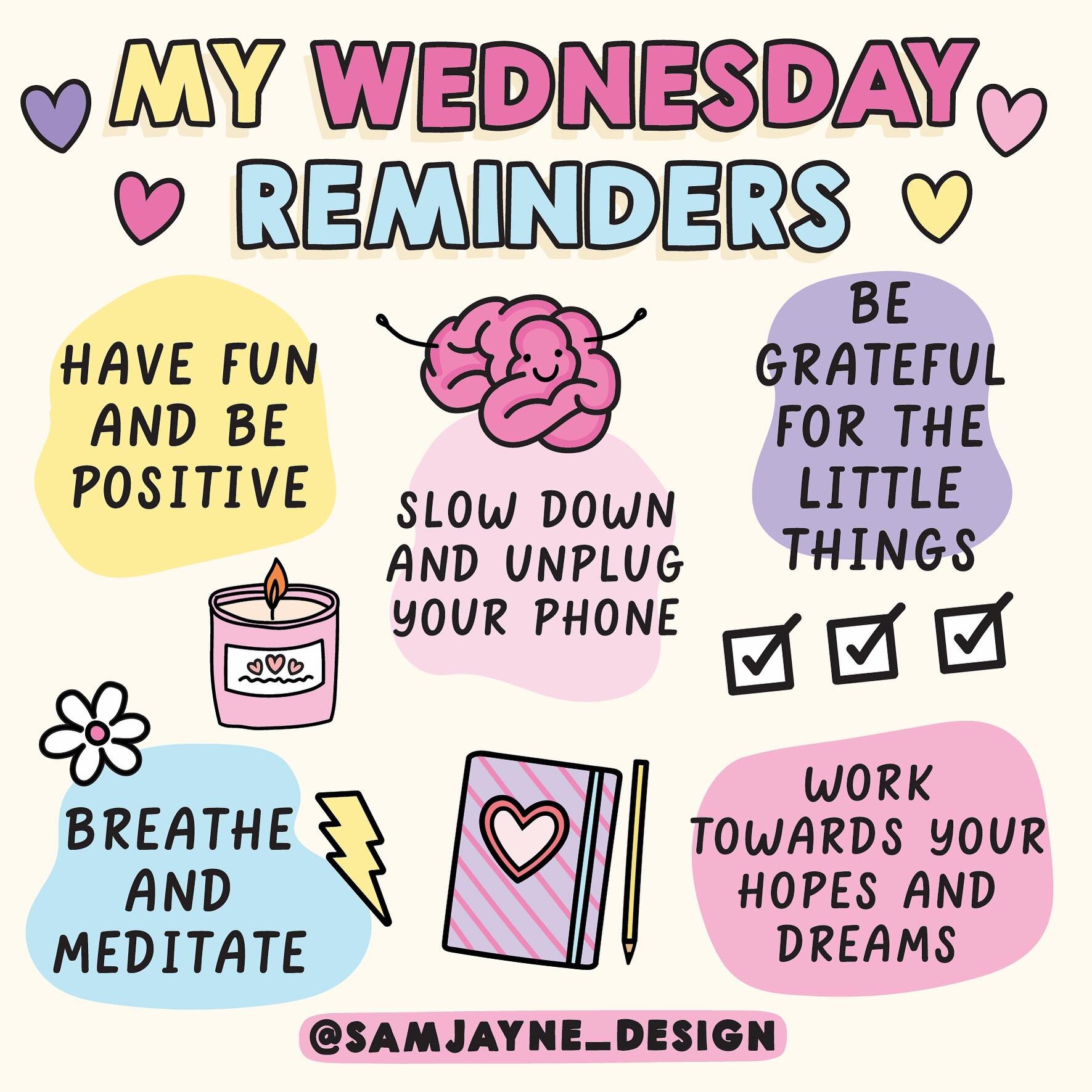 Some happy reminders for Wednesday 😊💖

#cuteartwork #cuteartstyle #brightcolours #goodvibes #handlettering #motivationalart #digitalart #feelgoodart #adobecreative #dailyreminders #mentalhealthillustration #anxietyart #selfcare #kindness #doodle #g