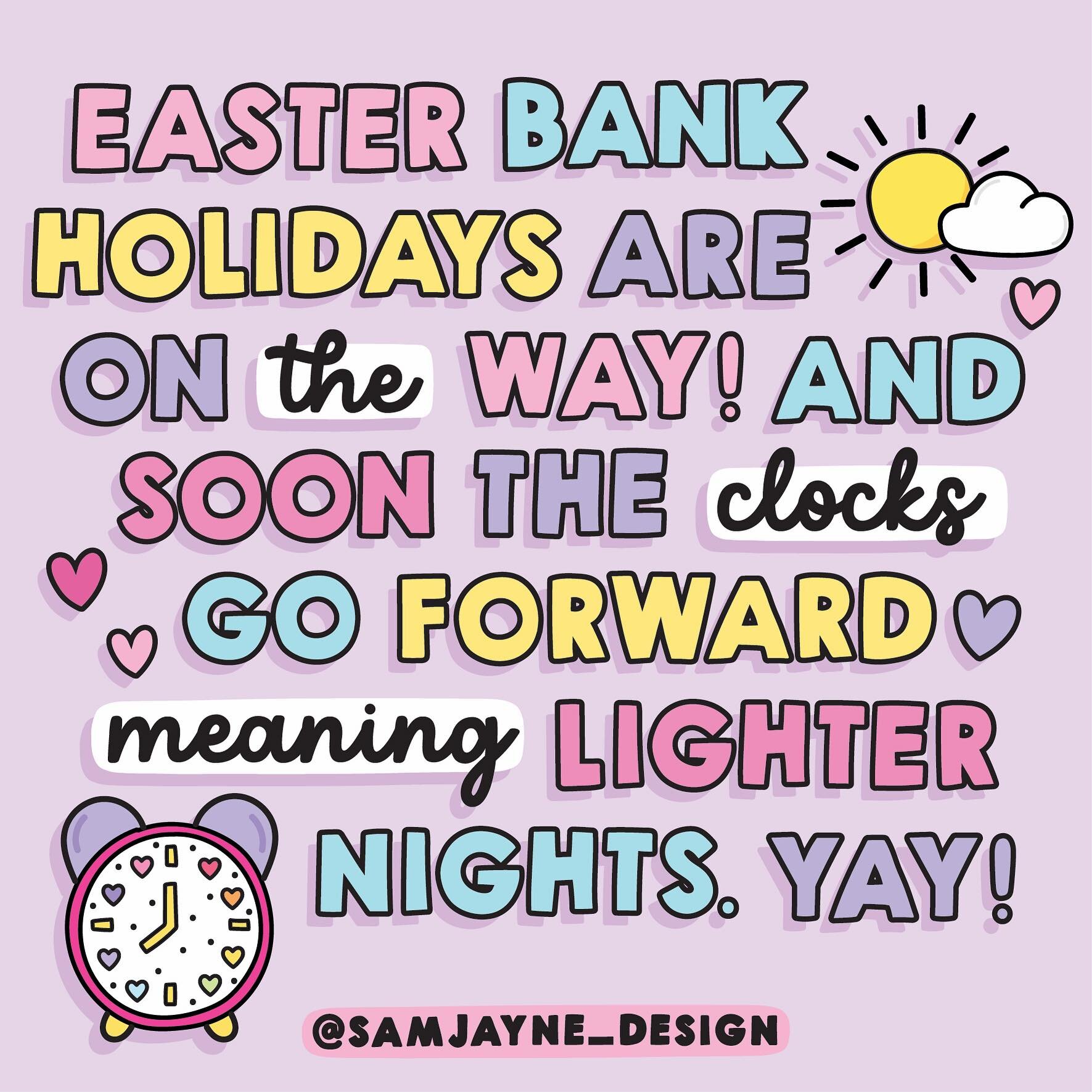 I can&rsquo;t wait for lighter nights ☺️🙌🏼 and a long weekend too! 🐣🐰

#cuteartwork #cuteartstyle #brightcolours #goodvibes #handlettering #motivationalart #digitalart #feelgoodart #adobecreative #dailyreminders #mentalhealthillustration #selfcar