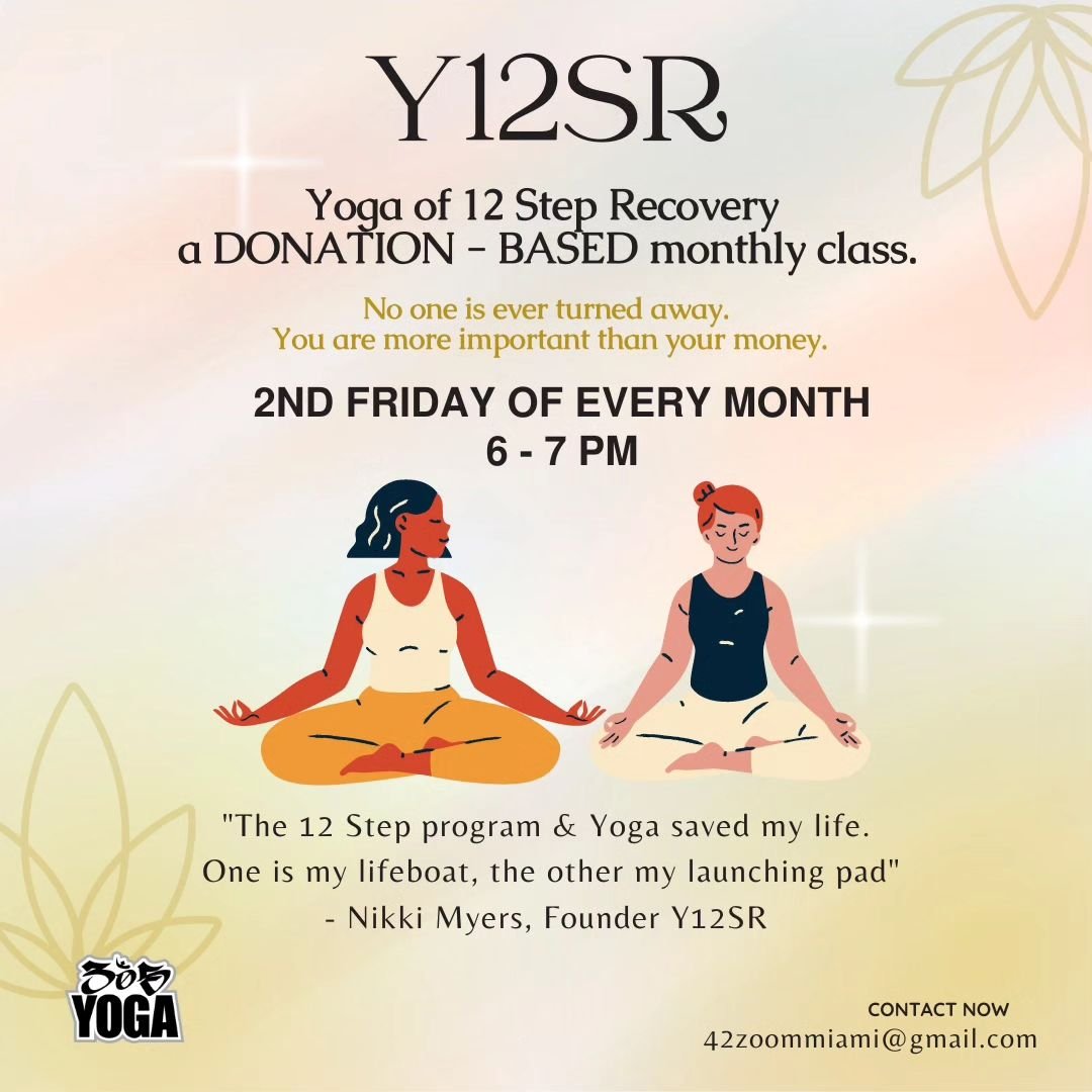Whether you are working to overcome addiction or are impacted by the addictive behavior of others, yoga of 12-step recovery (Y12SR) Meetings are for you.✨
.
.

Donation-based Y12SR meetings consist of a group sharing circle, and an intentional yoga c