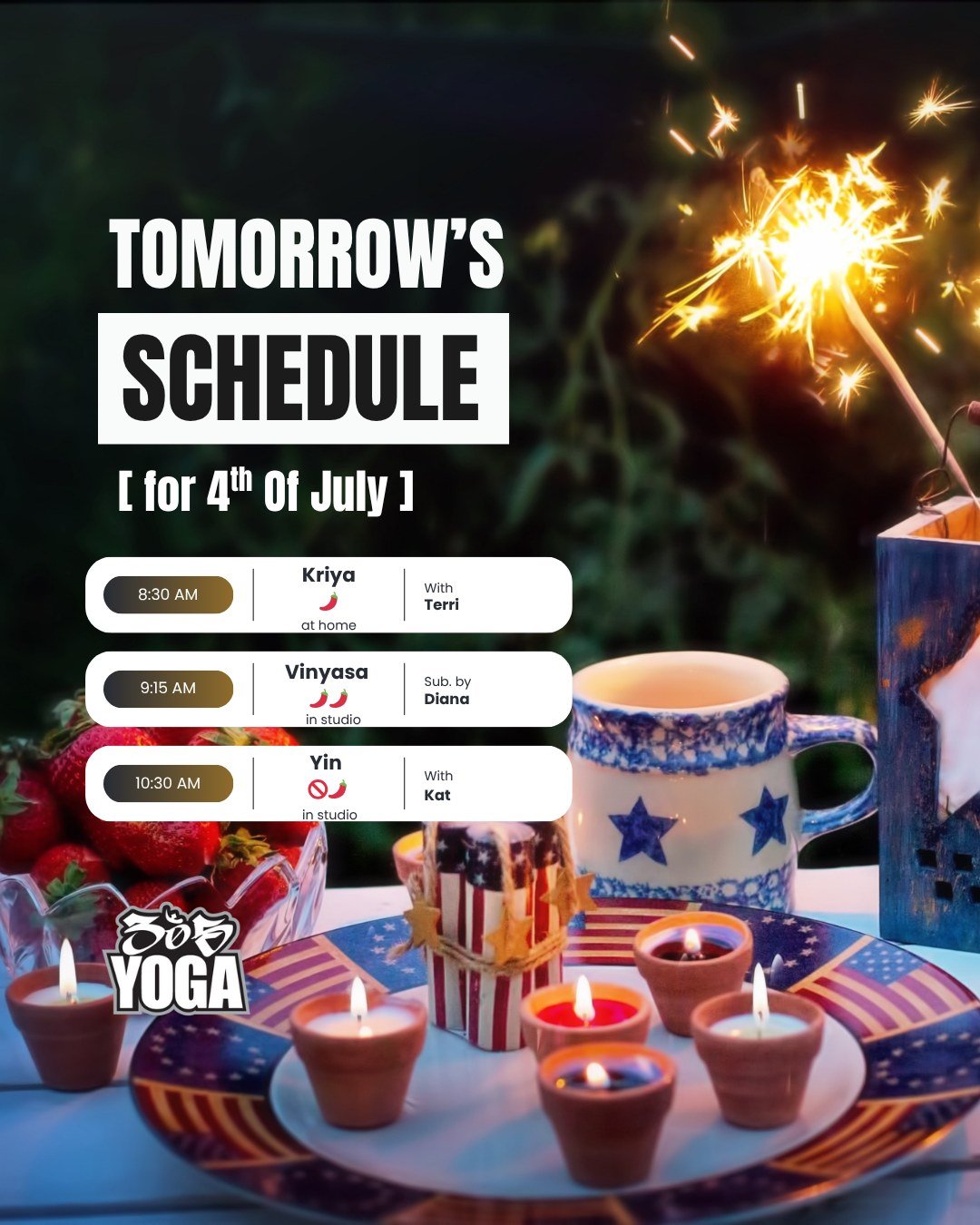 Here's to a happy 4th of July tomorrow!  Join us at 9:15am for Vinyasa and 10:30 am for Yin.  We're closed in the evening to enjoy the holiday with our families. 
.
.
Have a wonderful celebration! 

#4thofJuly 
#4thofjulyschedule 
#yogastudio
#yogafa