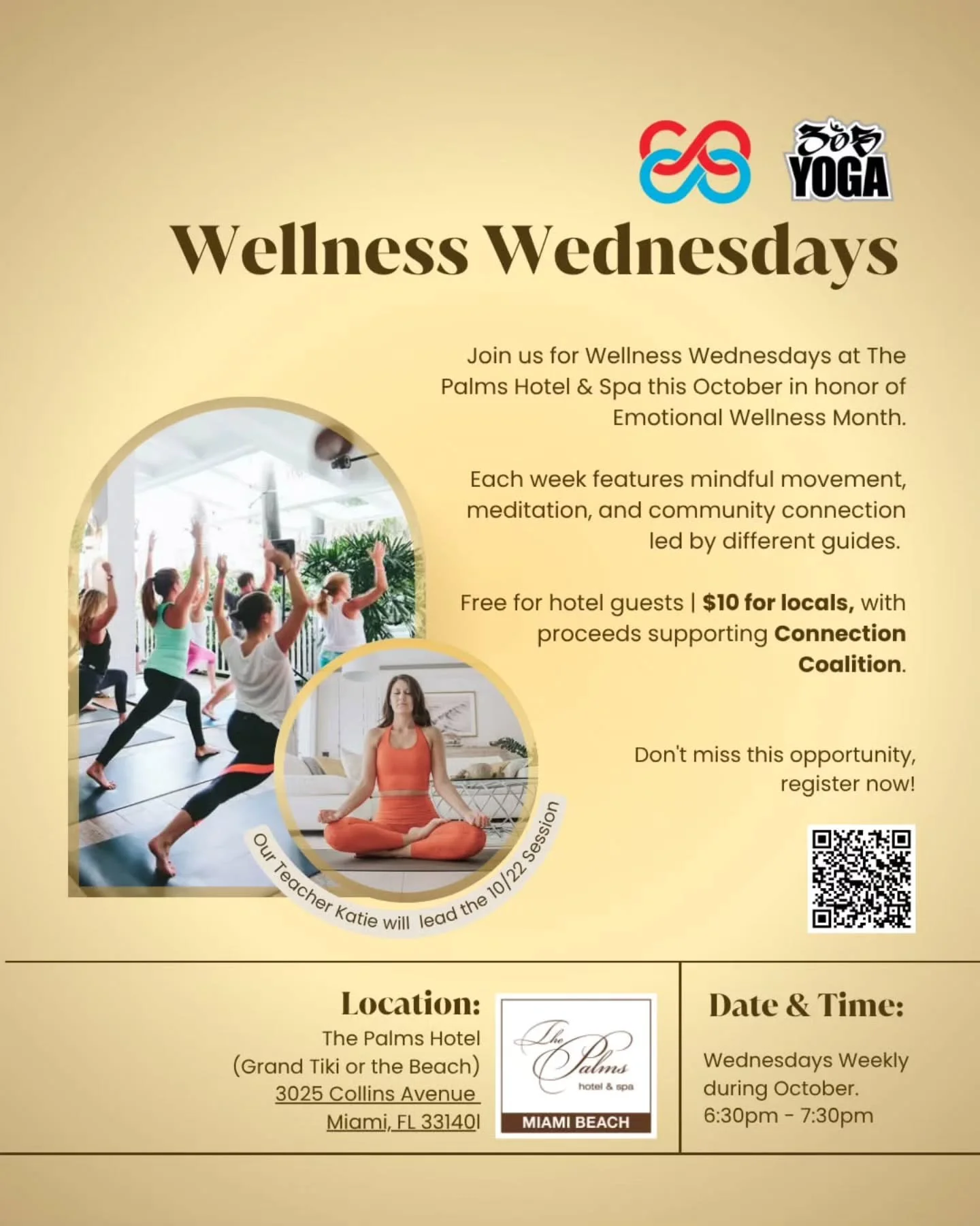 Take time for yourself this October! ✨ 
.
.
Join us at Palms Hotel and Spa every Wednesday evening (6:30-7:30pm) for a special yoga series in honor of Emotional Wellness Month. 
.
.
Each week features different guides leading mindful movement, medita