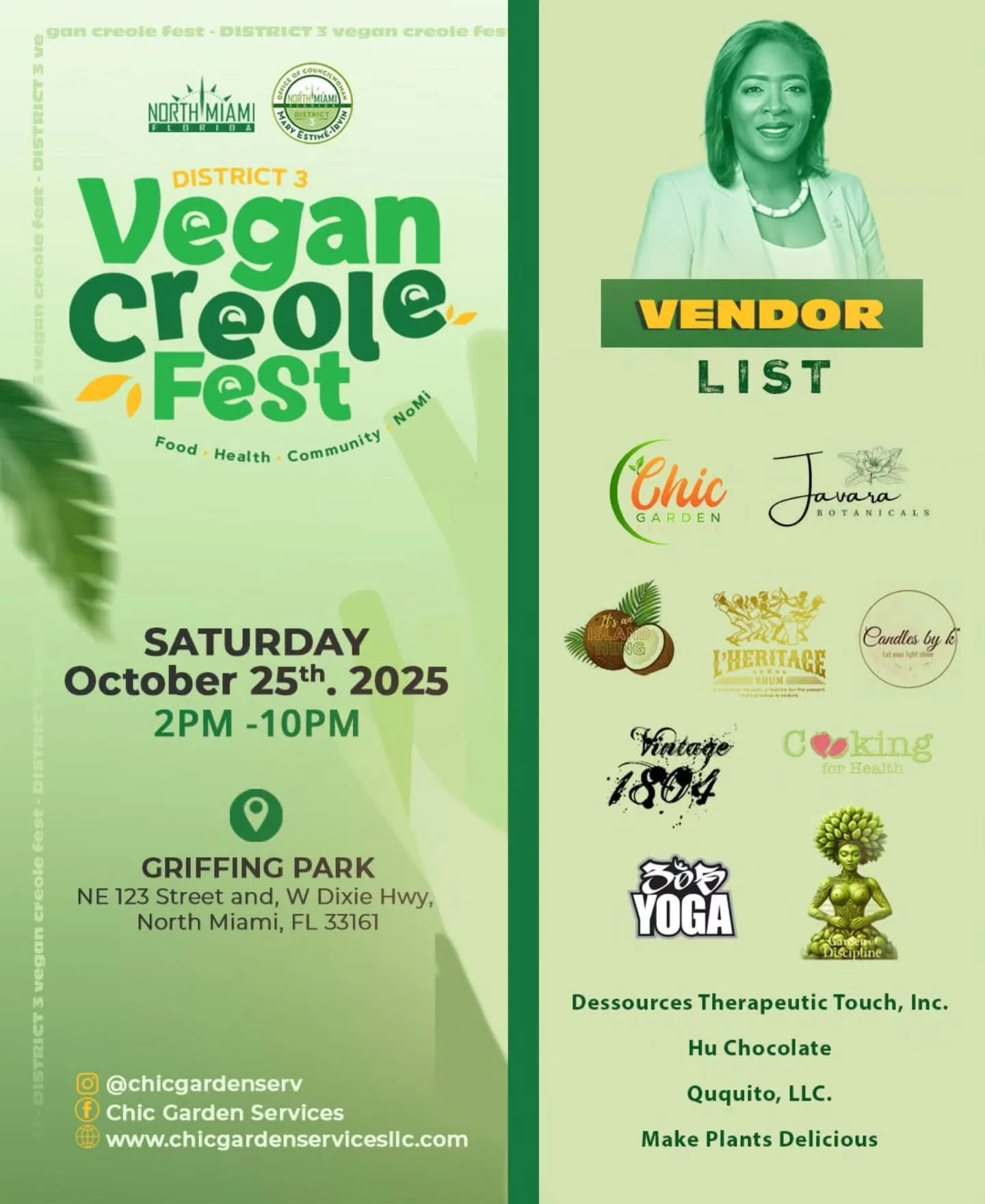 Creole flavors and plant-based cuisine come together for a day of food, music and family fun in North Miami.
.
.
The Vegan Creole Festival, presented by the City of North Miami, takes place Saturday, October 25 at Griffing Park. 
.
.
This inaugural e