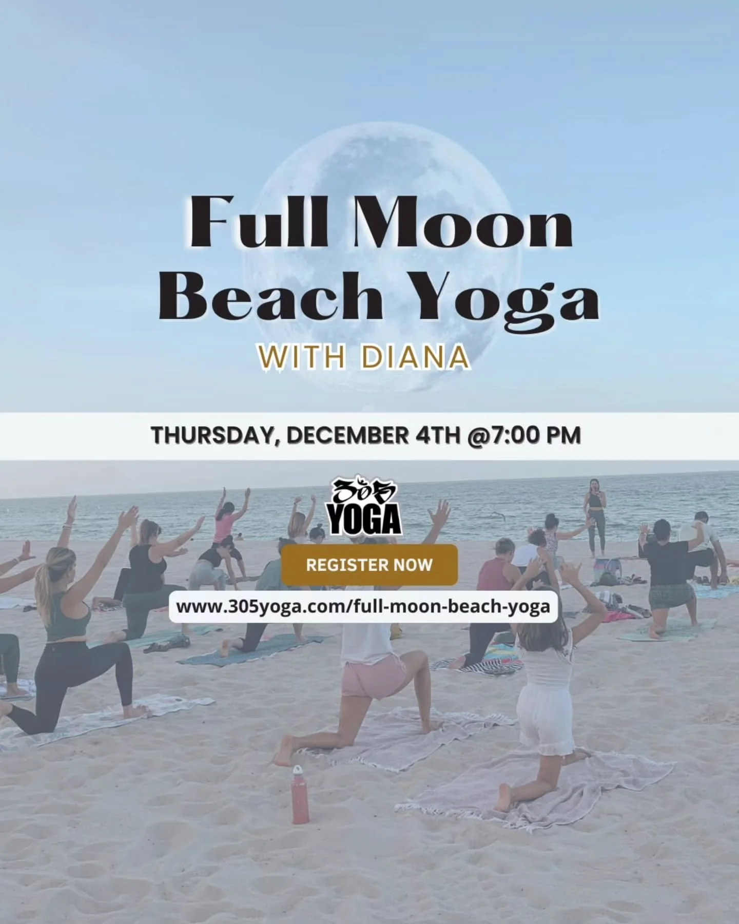 Full Moon Beach Yoga Tonight.🌕🌊
.
.
Experience serenity under the glowing full moon 🌕✨
.
. 
Join Diana @here2behuman108 for a calming beach yoga session that will align your mind, body, and spirit. 
.
.
Feel the gentle ocean breeze and connect wit