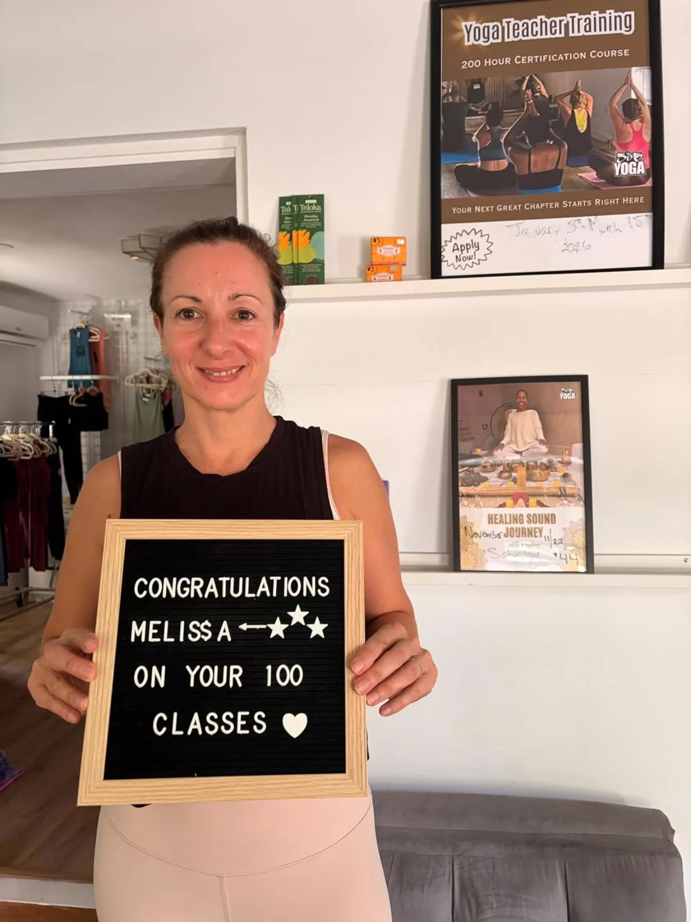 WOW Melissa!! 🎉 100+ classes at 305yoga &mdash; that&rsquo;s pure fire &amp; dedication! 
.
.
From your first flow to this milestone, watching you grow stronger, brighter, and more centered has been chef&rsquo;s kiss. 
.
.
Thank you for bringing you