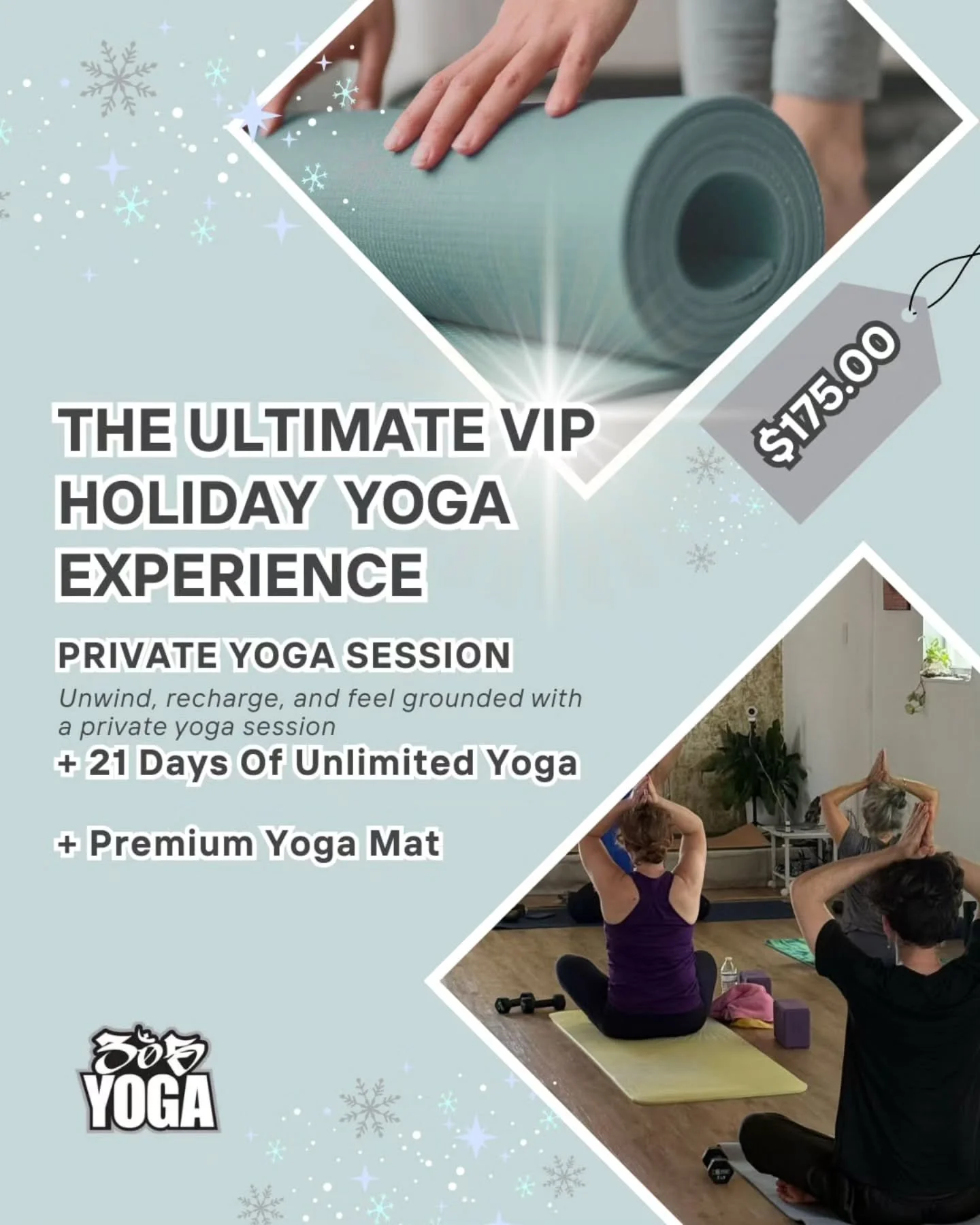 🎄 Holiday chaos got you (or someone you love) feeling off-center?
.
.
Give the gift of calm this season with 305 Yoga's Limited Holiday Private Session Gift Pack:

- 1 Private Yoga Session
- 3 Weeks Unlimited Studio + Online Classes
- Premium Yoga M