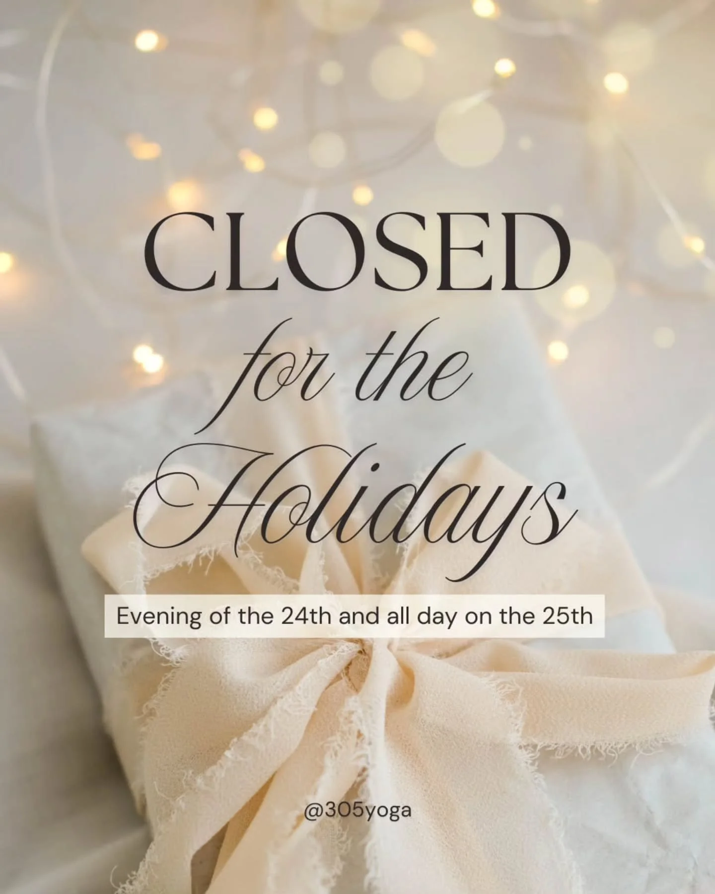 ✨ Studio Update ✨
.
.
We&rsquo;ll be closed the evening of the 24th and all day on the 25th to allow our team time to rest and reset.
.
.
Thank you for being part of our beautiful, diverse community. 
.
.
Happy Holidays 💛

.

#yogastudio
#yogafam
#h