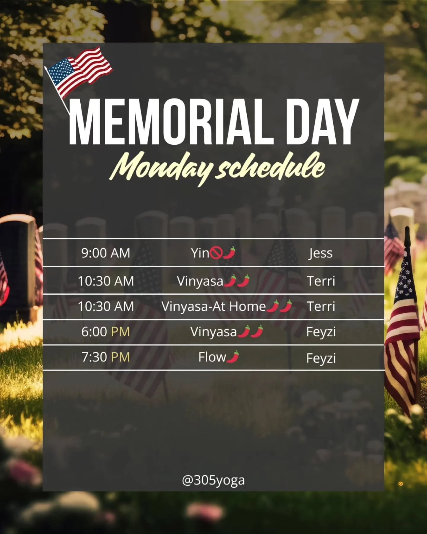 Memorial Day Studio Update 
.
.
We&rsquo;ll be open with *regular in-studio hours* this Memorial Day! 🤍 
.
.
Come move, breathe, and flow with us as part of your holiday reset. 
.
.
Please note: 
❌ No Kriya 
❌ No Sanctuary Flow 
.
.
All other regula