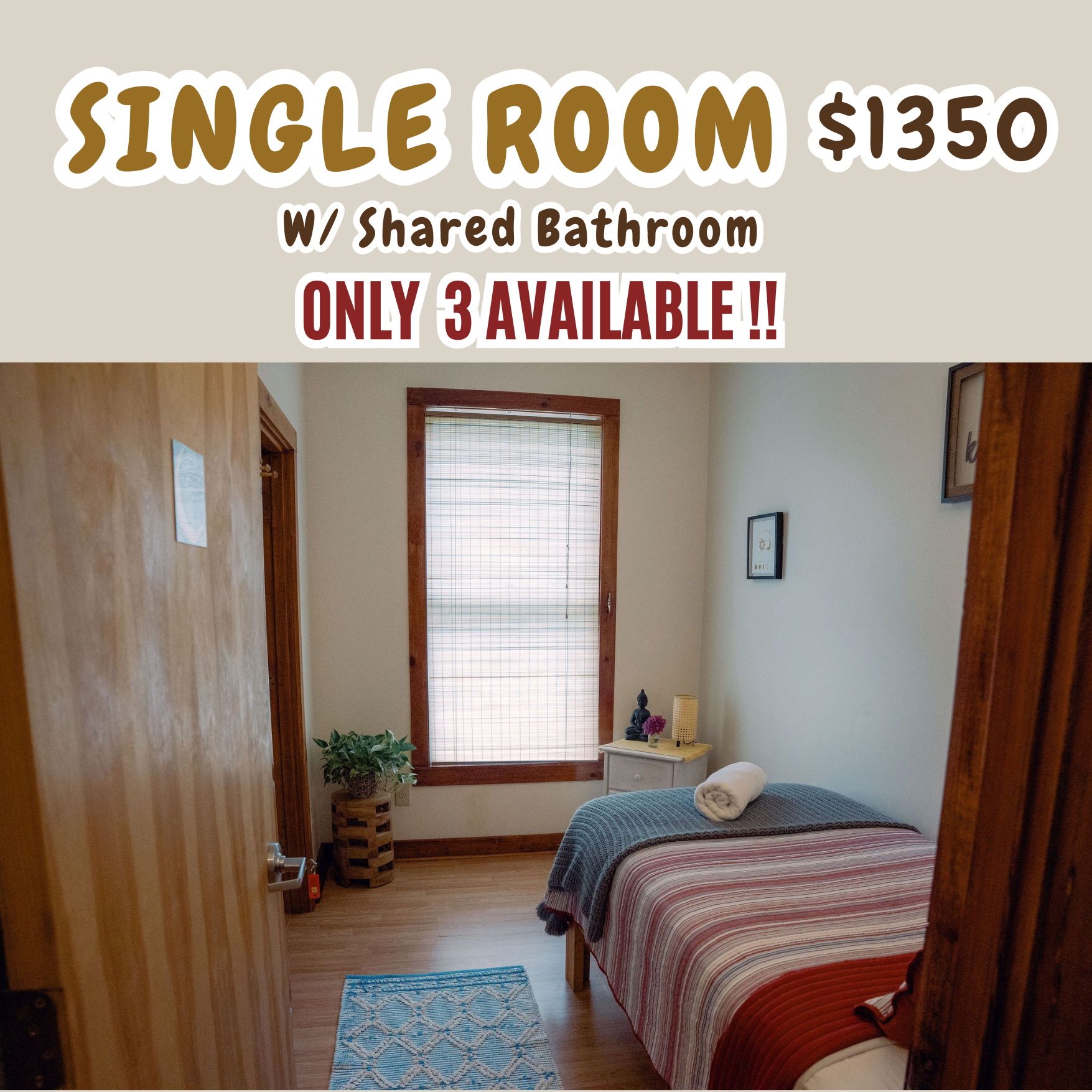 Enjoy a private room overlooking the property, and share a jack -n- jill bathroom with just 1 other person.  All meals and yoga included. 