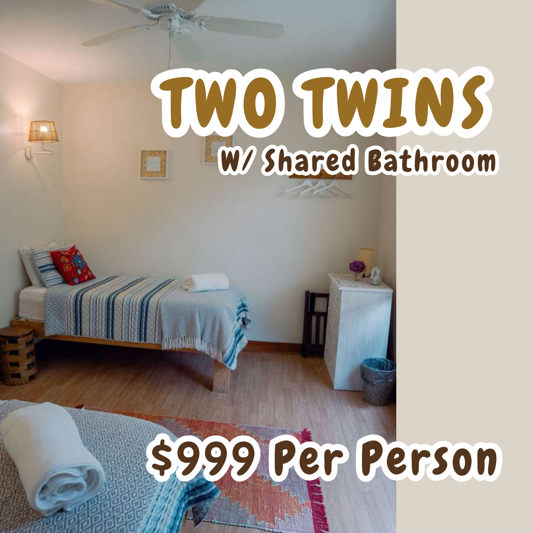 Share a room with views of the forest, and share a jack -n- jill bathroom with one other shared room.  All meals and yoga included. 