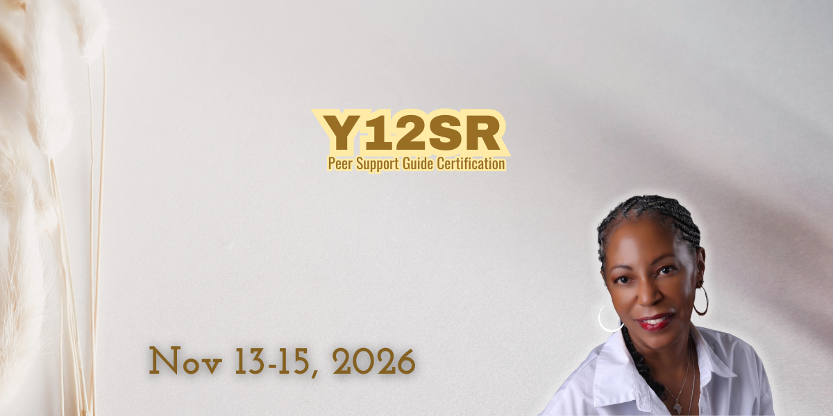 Promotional flyer for Y12SR Peer Support Guide Certification event, scheduled for November 13-15, 2026, featuring a woman with dark braided hair, hoop earrings, and a white shirt, smiling against a light background.