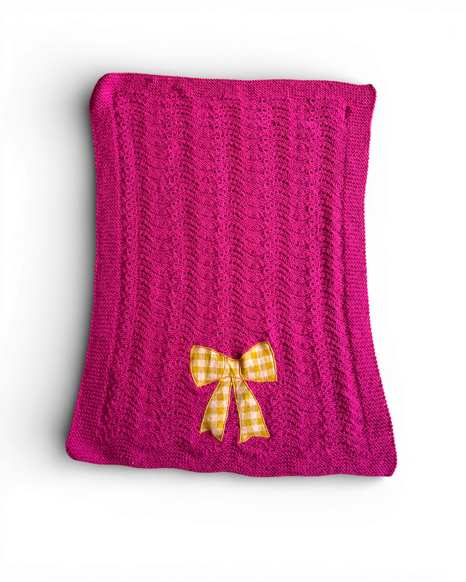 Hand knitted baby Blanket with Linen check bow applique