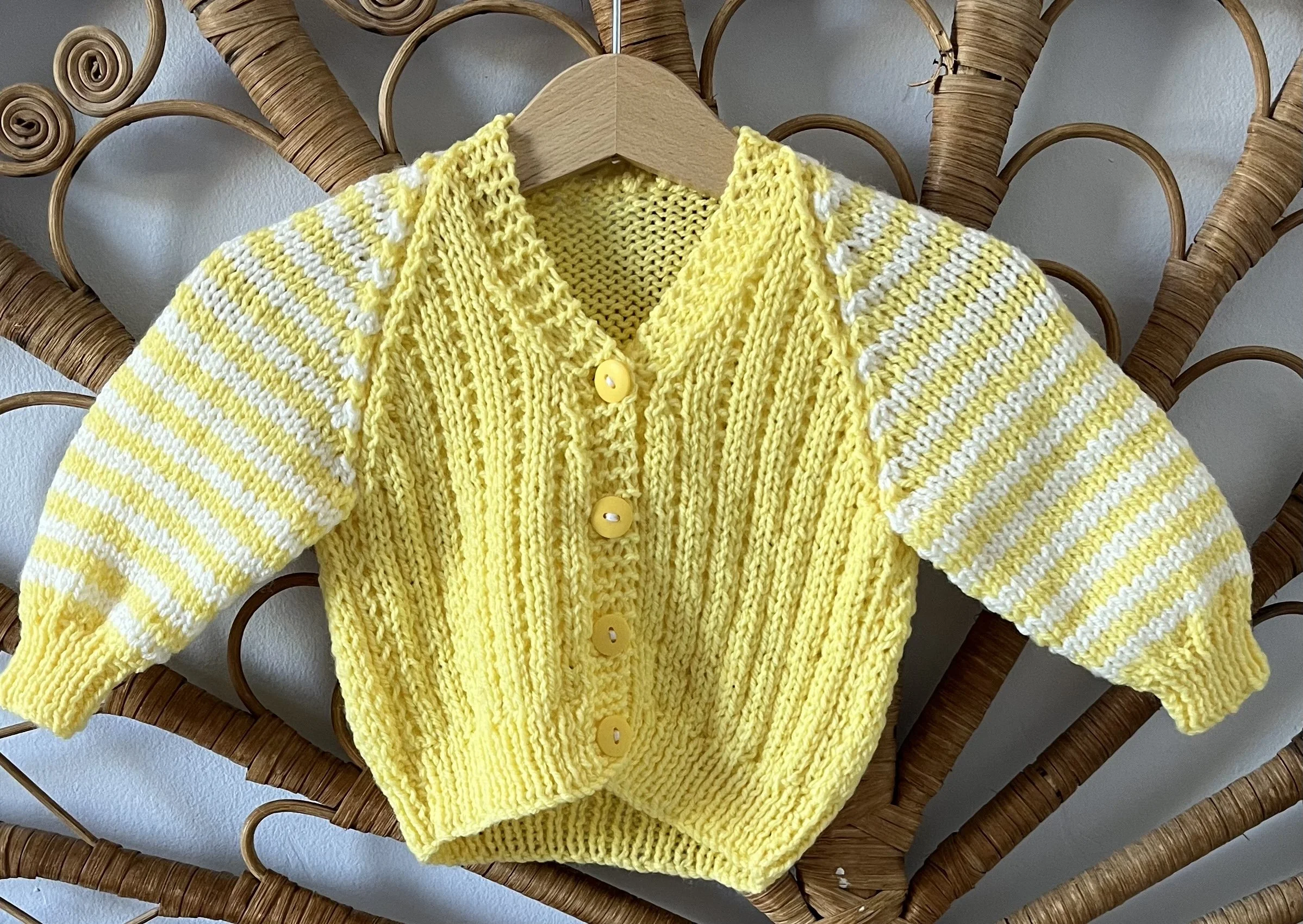 Personalised Yellow stripe detail hand knitted cardigan 0-6 months