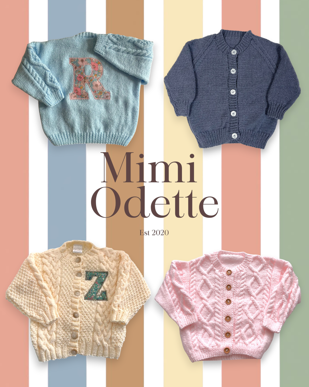 Child with patterned sweater featuring letter 'R', hanging a blue sweater on textured wallpaper.