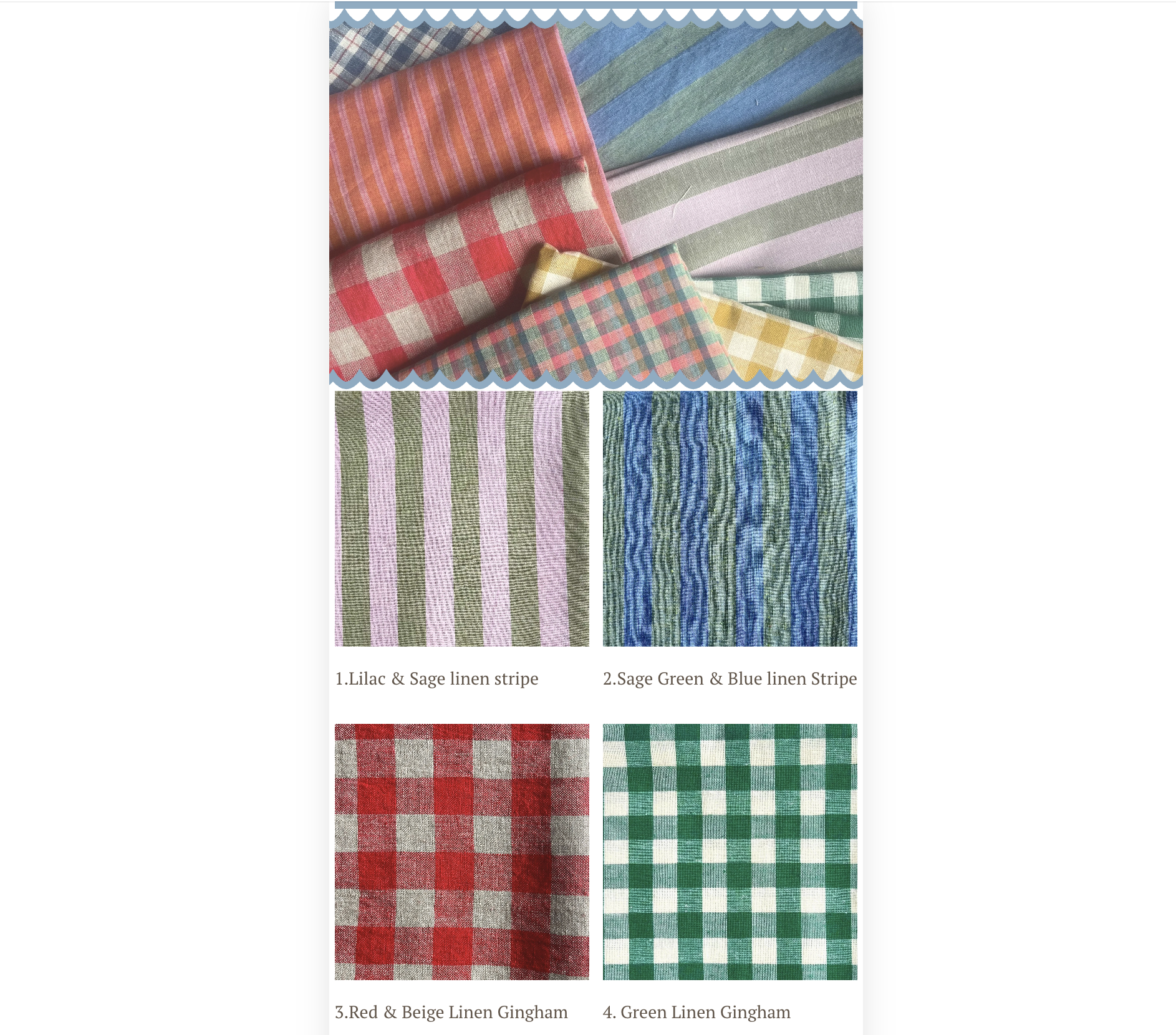 Four fabric samples: 1. Floral print on blue background by Liberty of London, 2. Green and pink gingham, 3. Pastel striped linen, 4. Floral print with pink, blue, and gray daisies by Liberty of London.