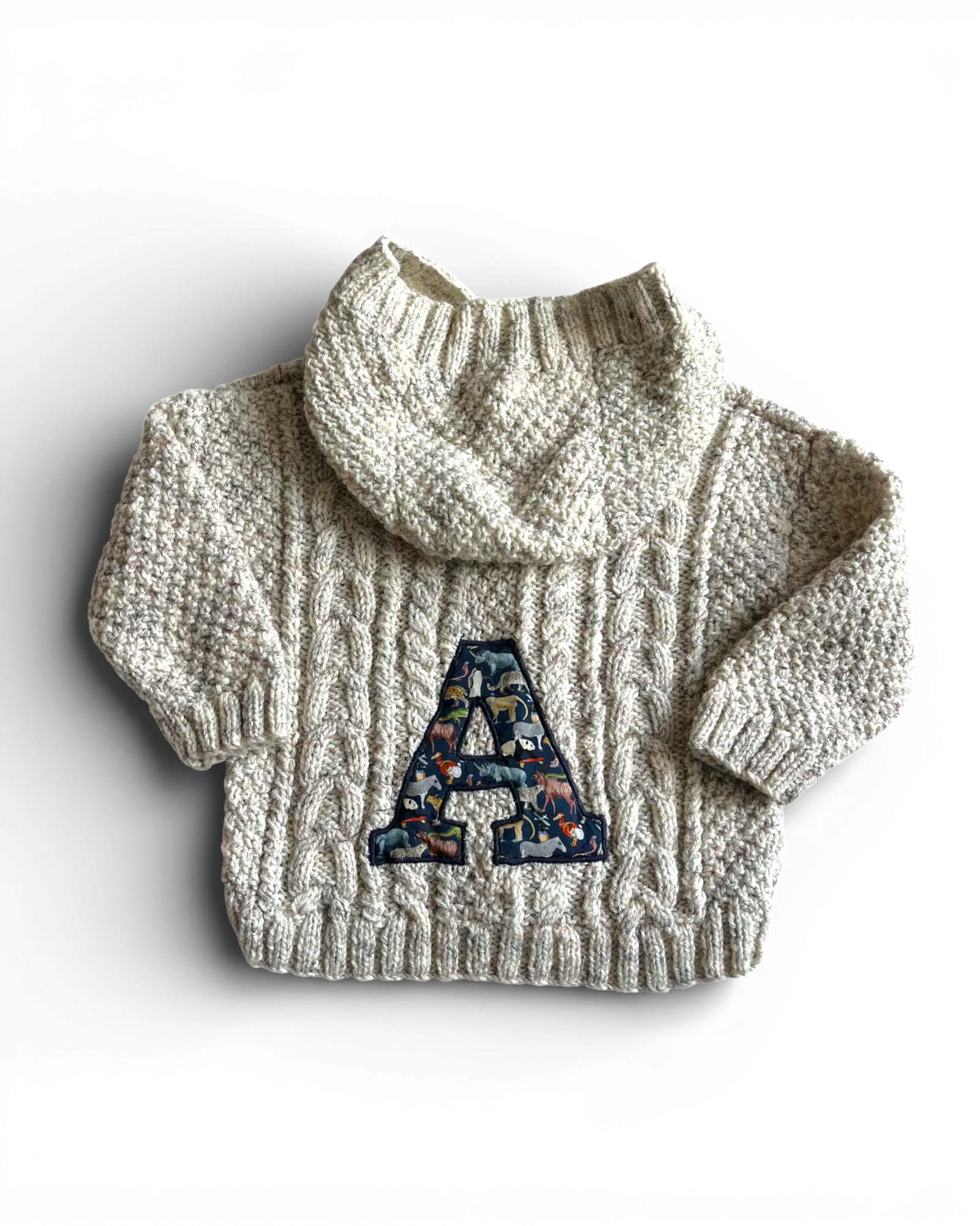 Sample A initial Cream speck back initial hoody hand knitted cardigan 18-24 month