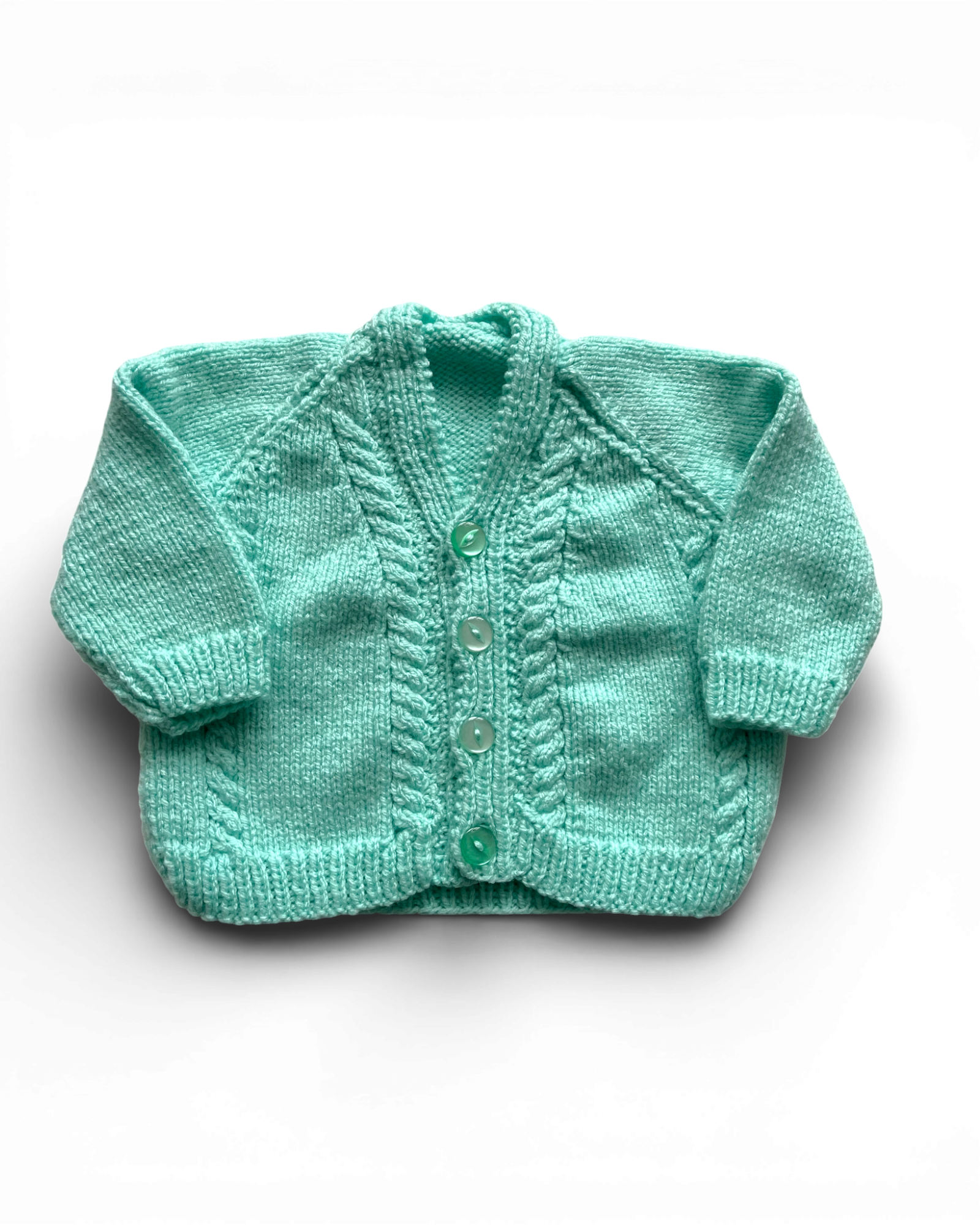 Personalised green hand knitted cardigan  3-6 months