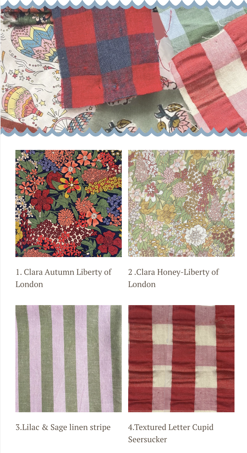 Four fabric samples: 1. Floral print on blue background by Liberty of London, 2. Green and pink gingham, 3. Pastel striped linen, 4. Floral print with pink, blue, and gray daisies by Liberty of London.