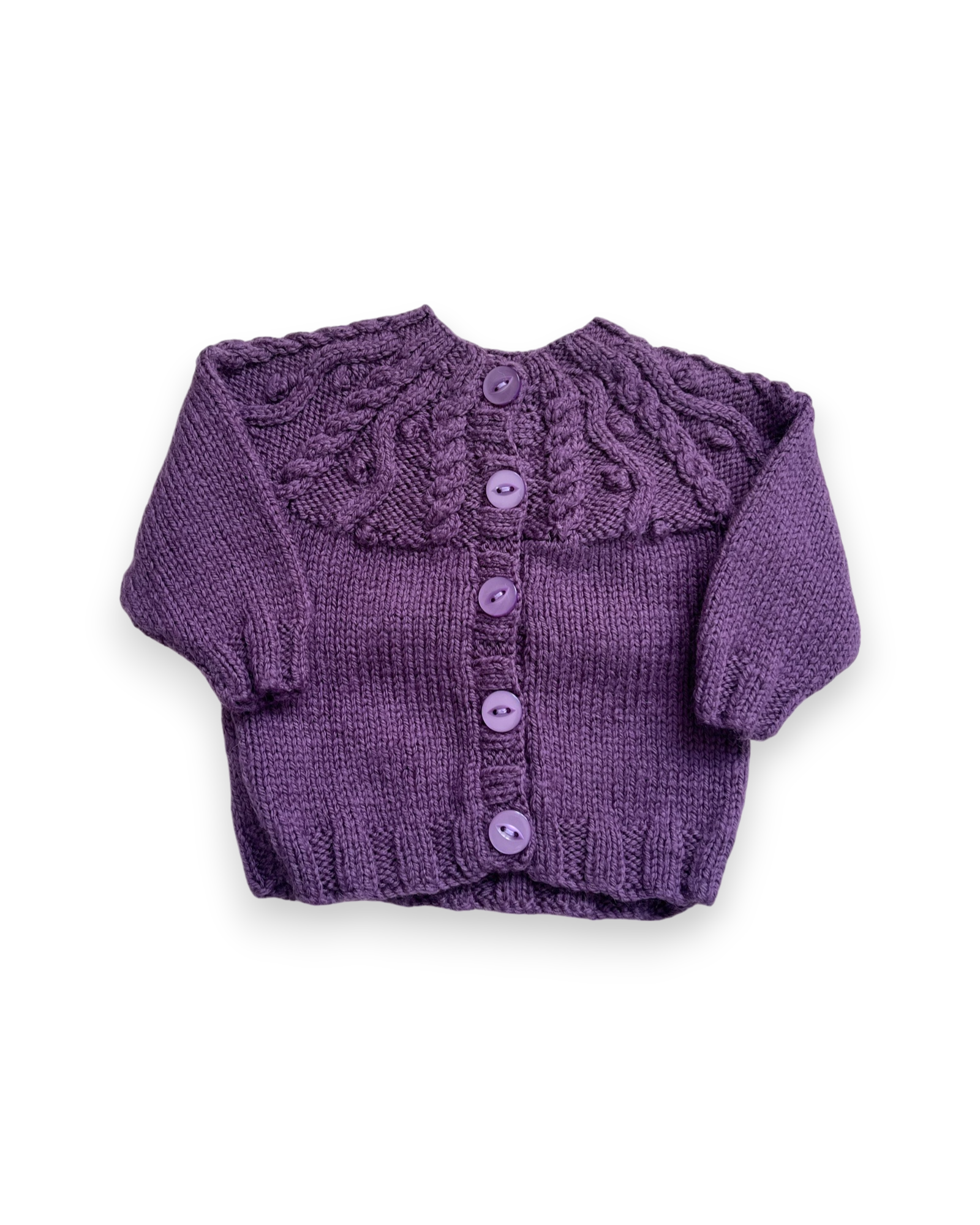 Personalised Purple hand knitted cardigan with a hat 0-3 months