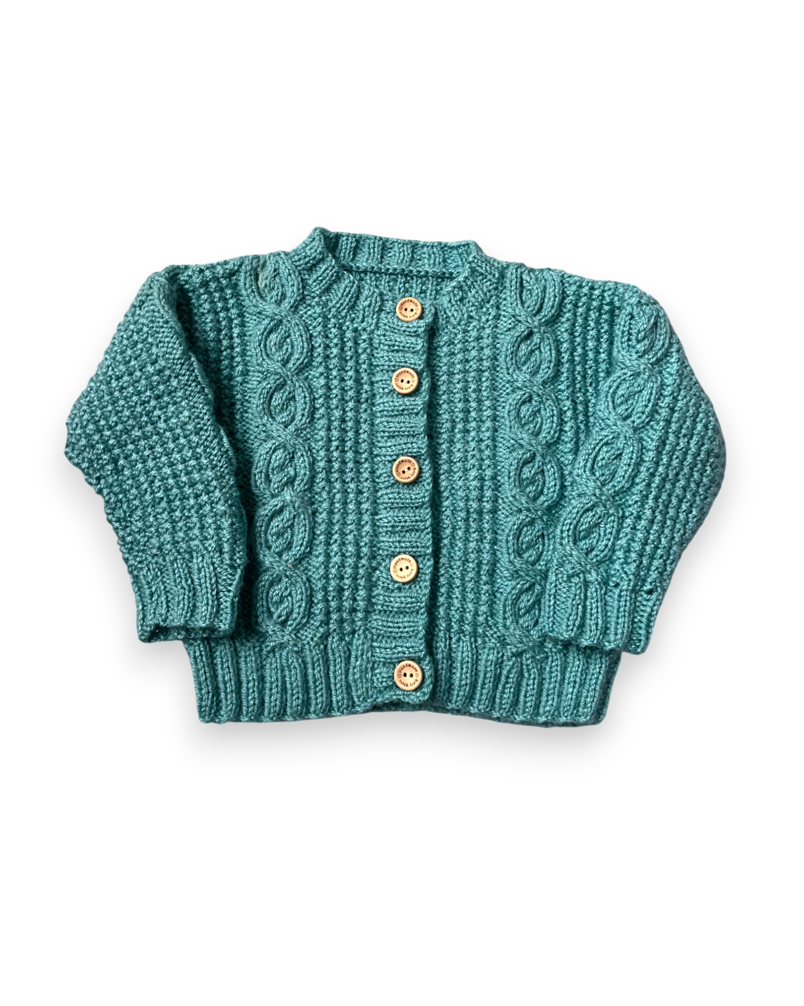 Personalised Green hand knitted cardigan 3-6 months