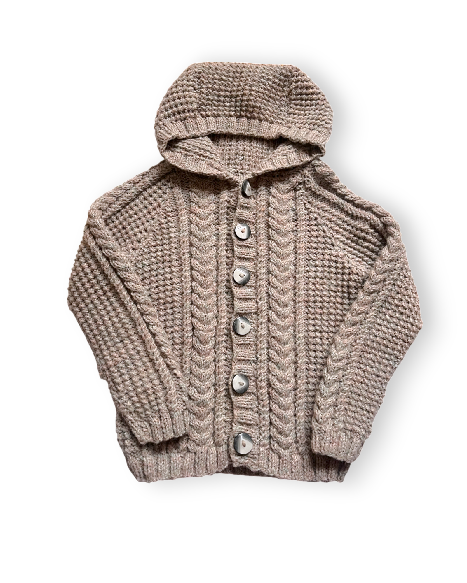 Personalised Taupe Front or back initial Hooded hand knitted cardigan 6-8 years
