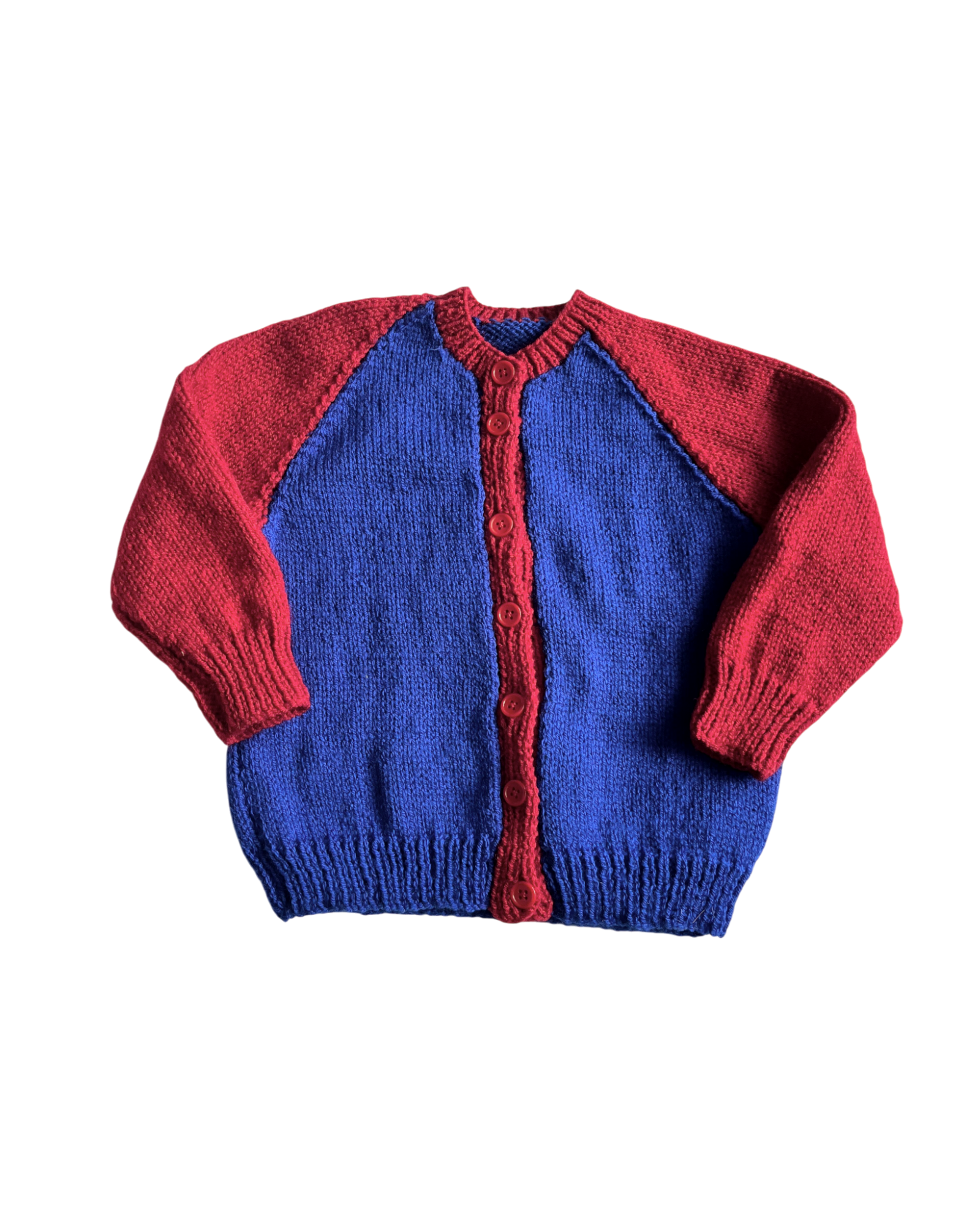 Personalised Blue and red hand knitted cardigan 2-3 years